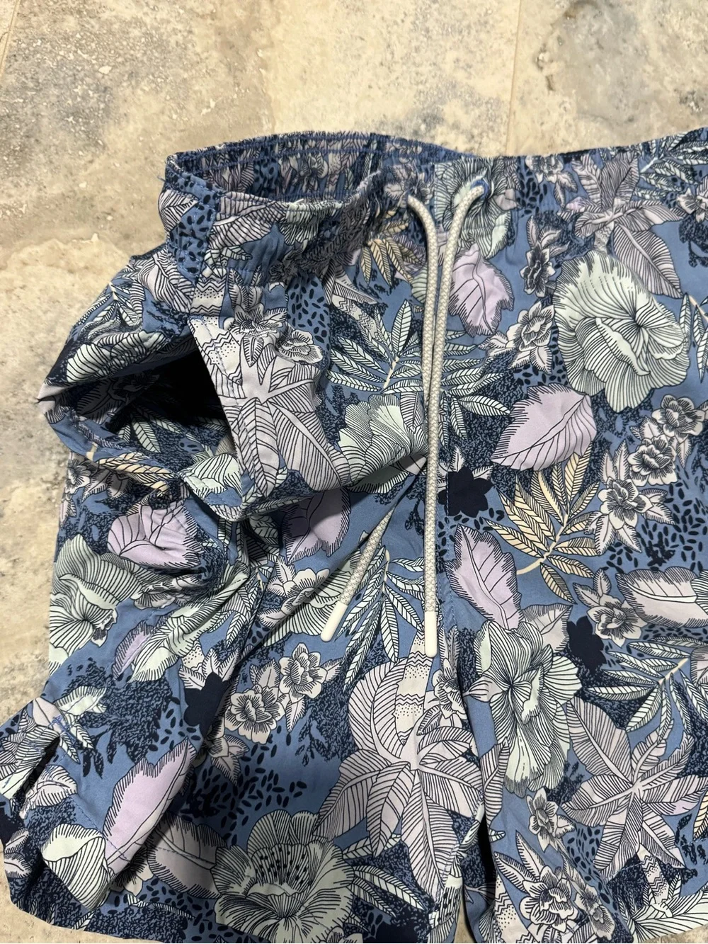 Express Blue Floral-Trim Swim Shorts